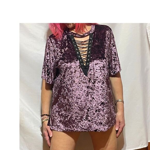 Dark Purple Whimsygoth Velvet Lace-Up V-neck Cut Out Micro Mini Dress - Picture 2 of 11